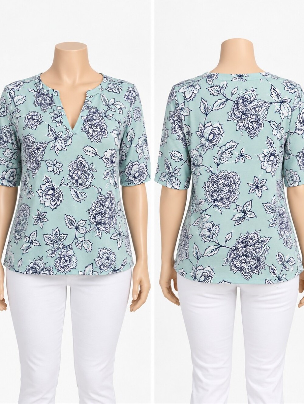 Floral Print Short-Sleeve Top in Light Aqua NEW WITH TAGS Can Mail As A Gift